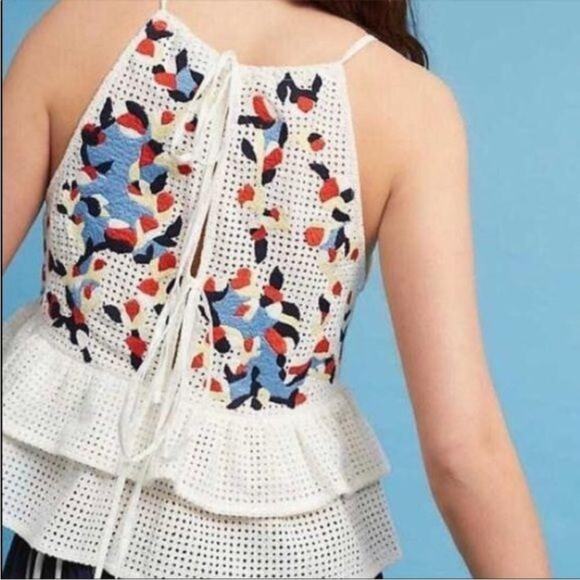 Anthropologie Hemant & Nandita Basanti White Multicolor Eyelet Tie Tank Medium - Picture 9 of 13